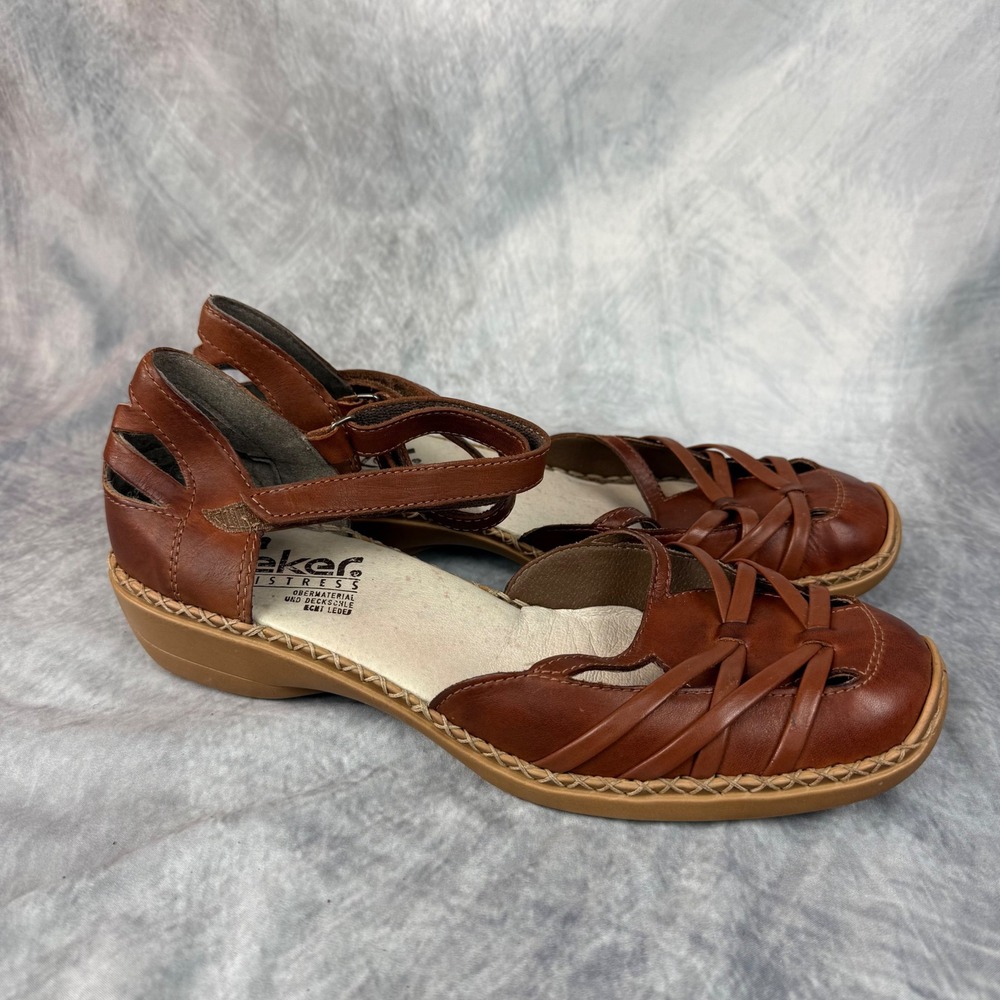 Rieker Antistress Brown Leather Woven Cage Sandals Low Wedge EU 42 US 10
